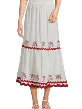 Evolutionary White Midi Skirt with Red Embroidered Cherries | Size M - NWT